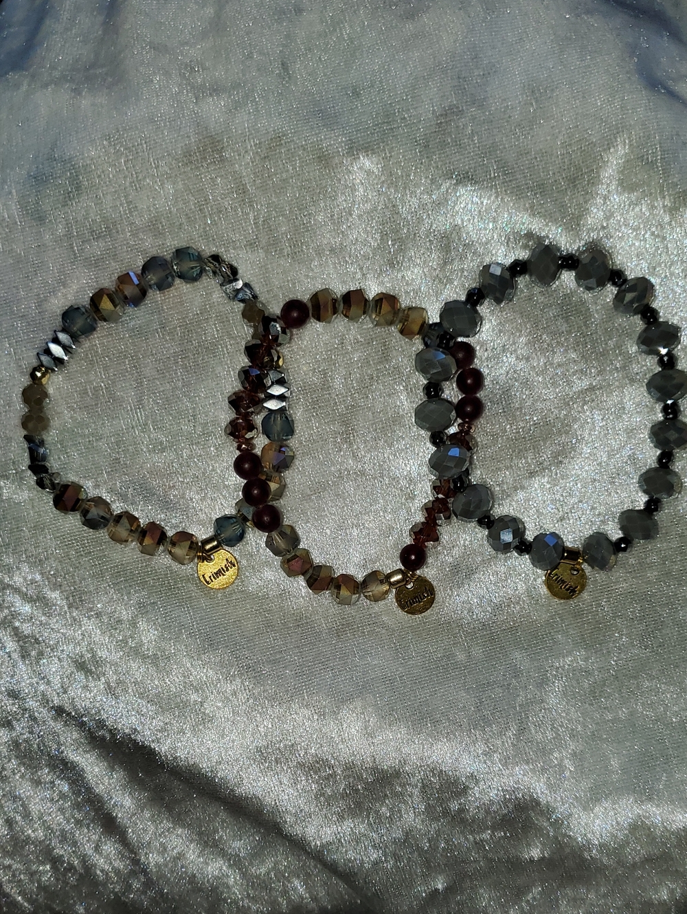 Erimish Crystal Stretch Bracelets 3 Piece Lot Irridescent Smoke Gray Burgundy